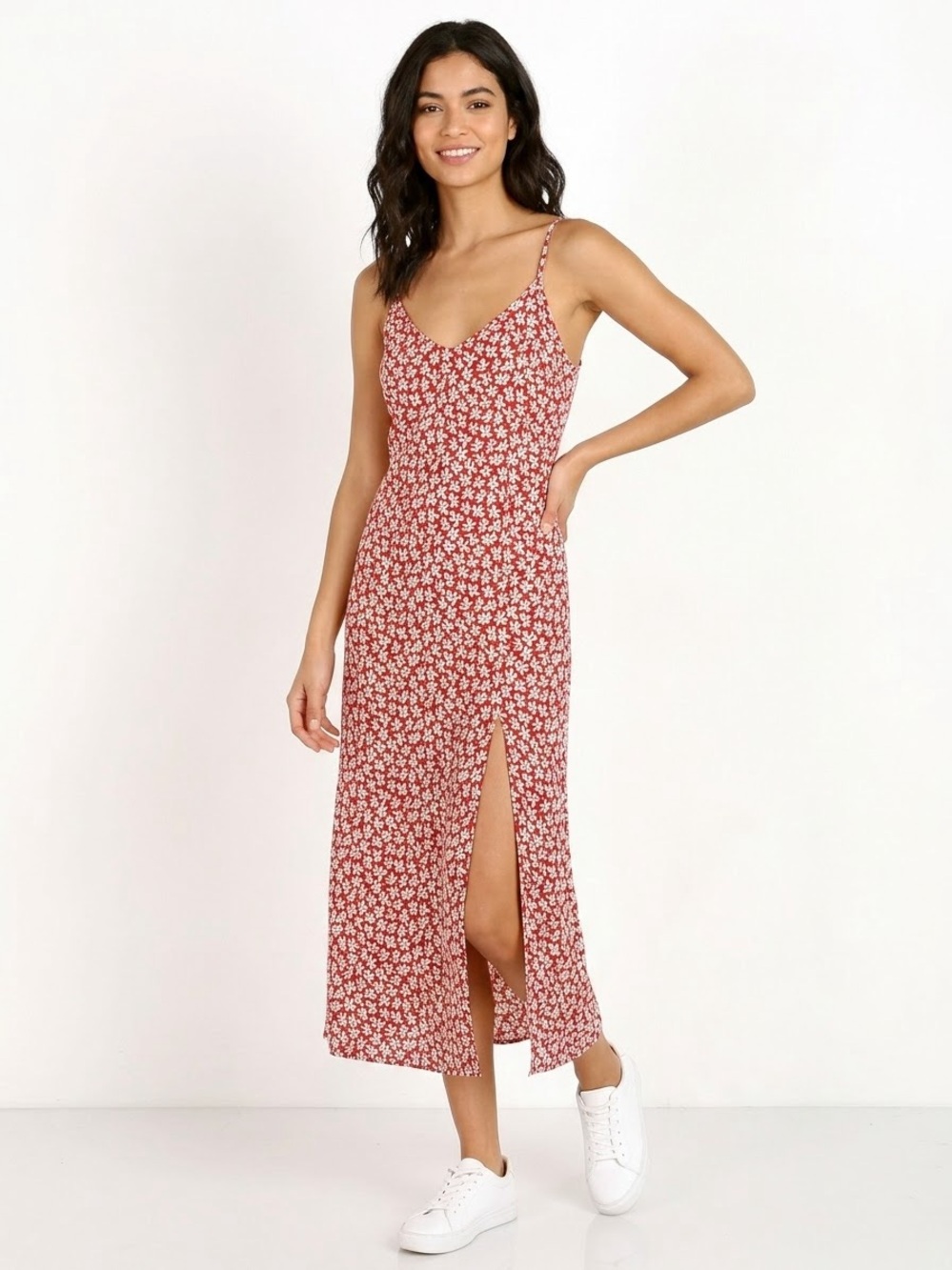Reformation Crimini Dress Red White Daisy Floral Midi Slip Side Slit V-Neck
